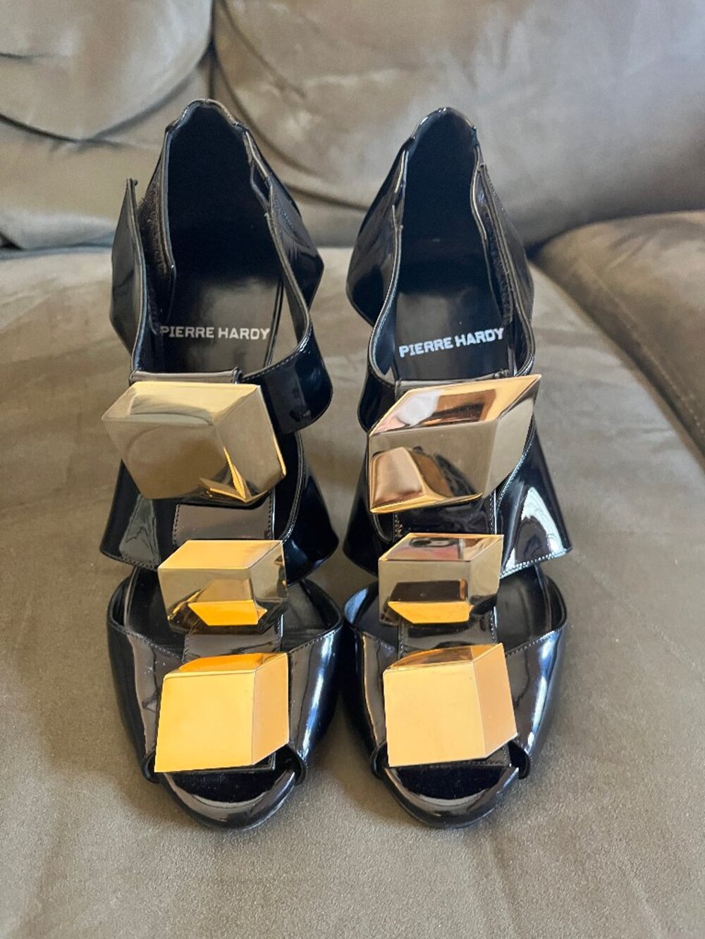 Pierre Hardy Patent Leather Heels with Gold Cube Hardware Size 37.5
